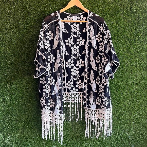 Embroidered Open Cardigan Fringe Kimono Boho - Picture 1 of 6